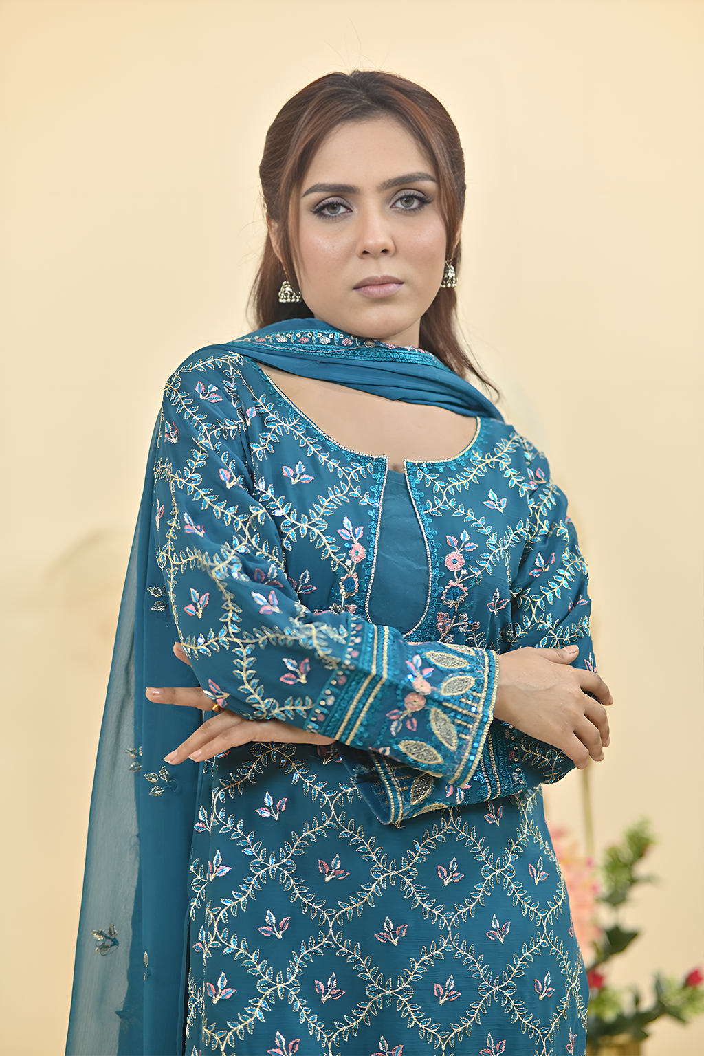 Peacock Blue Luxury Embroidered Occasion Edit  3PC Kurta Set