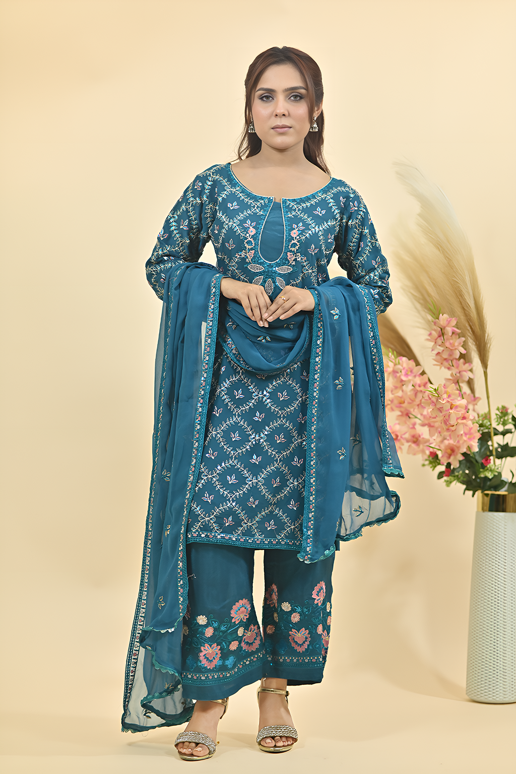Peacock Blue Luxury Embroidered Occasion Edit  3PC Kurta Set