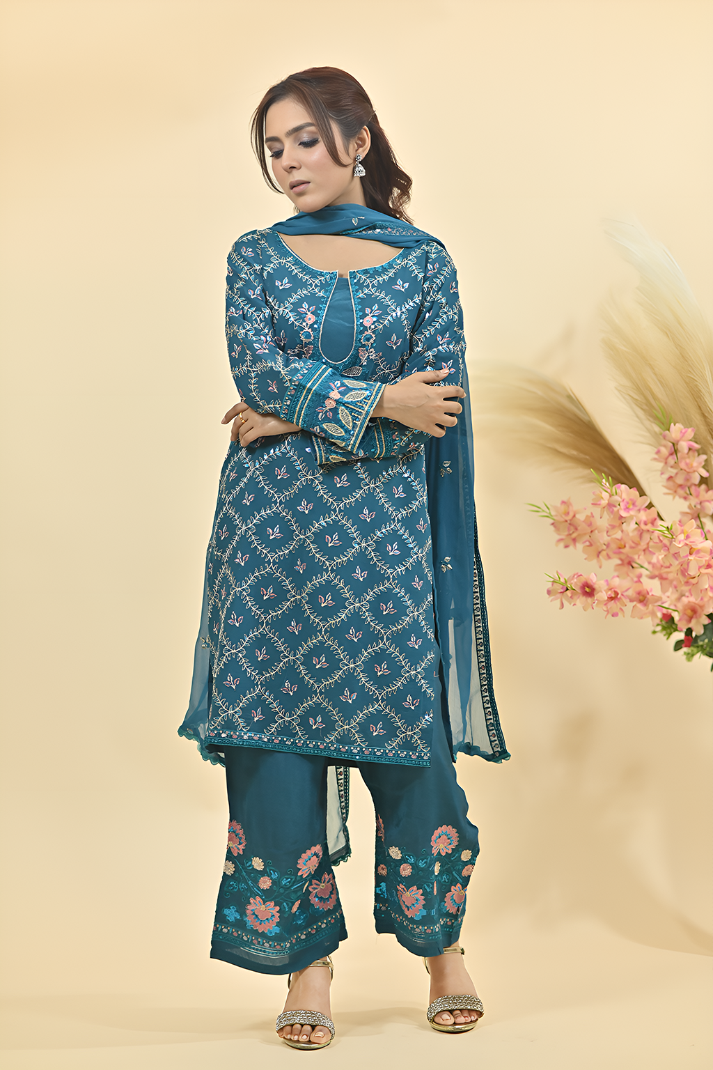 Peacock Blue Luxury Embroidered Occasion Edit  3PC Kurta Set