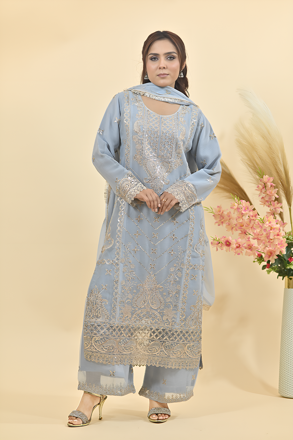 Pale Powder Blue Luxury Embroidered Occasion Edit3PC Kurta Set