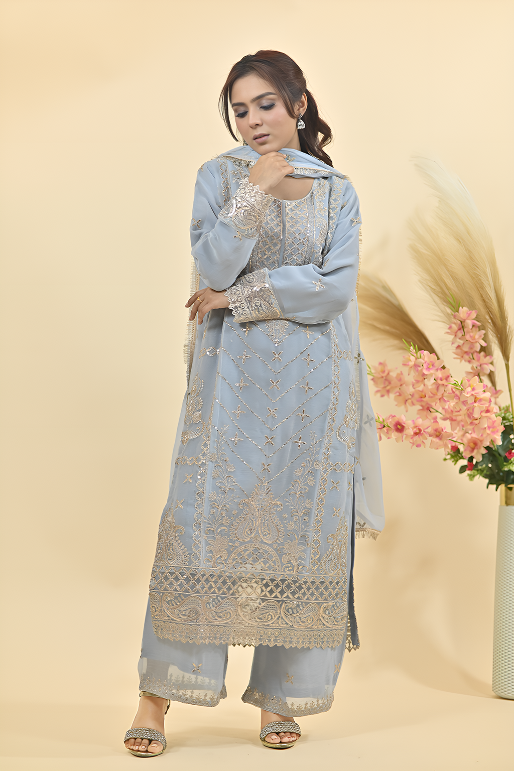Pale Powder Blue Luxury Embroidered Occasion Edit3PC Kurta Set