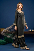 Jet Black Silk Embroidered Front and Printed Net Dupata and Silk Embroidered Trousers