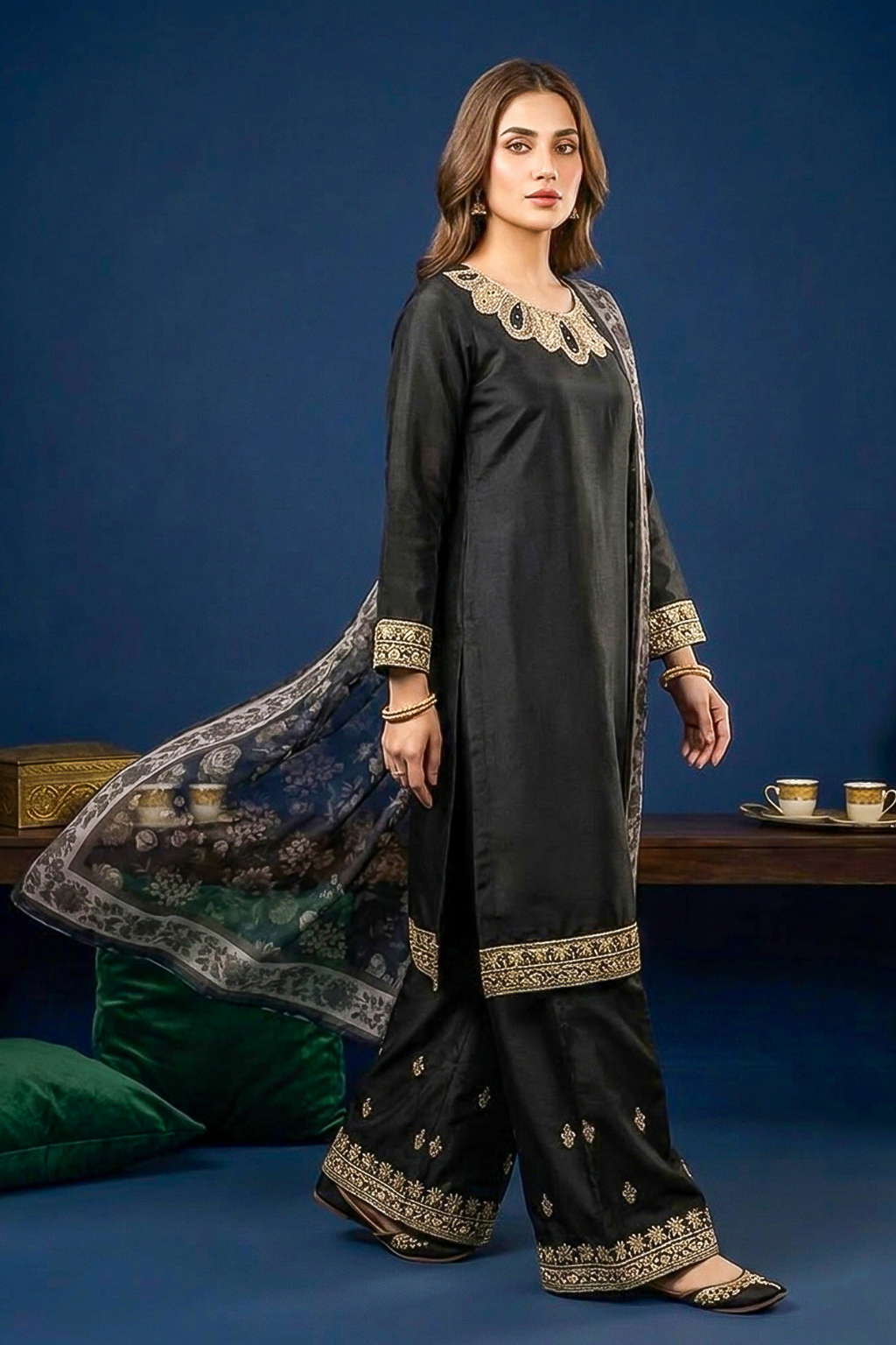 Jet Black Silk Embroidered Front and Printed Net Dupata and Silk Embroidered Trousers