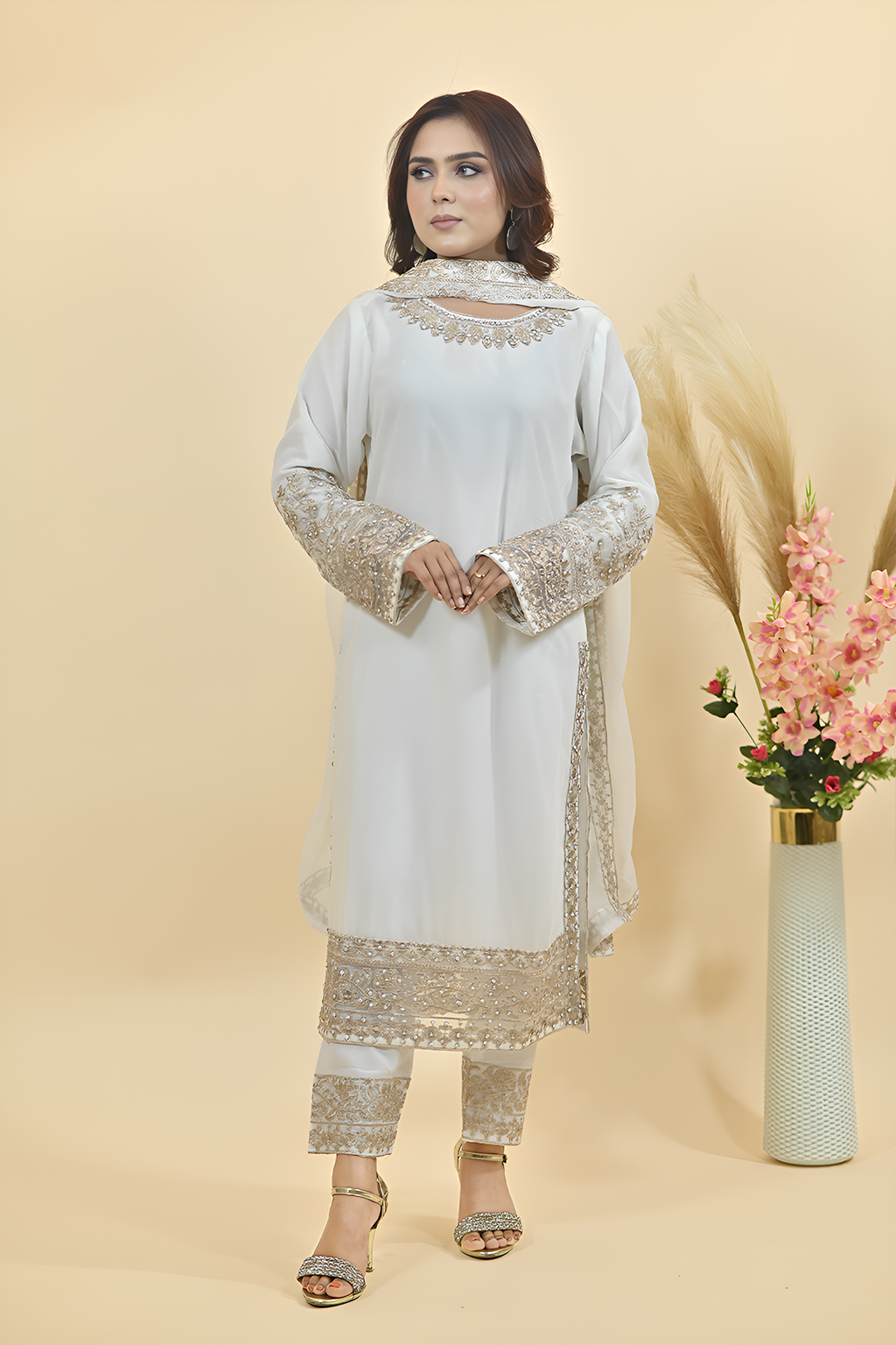 Off White Luxury Embroidered Occasion Edit 3PC Kurta Set