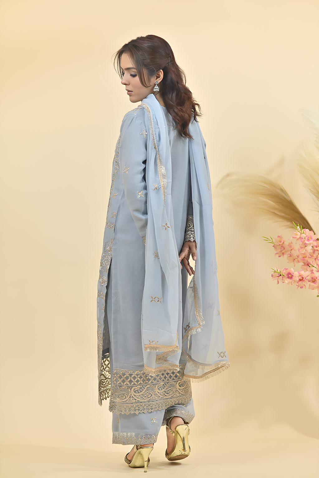 Pale Powder Blue Luxury Embroidered Occasion Edit3PC Kurta Set