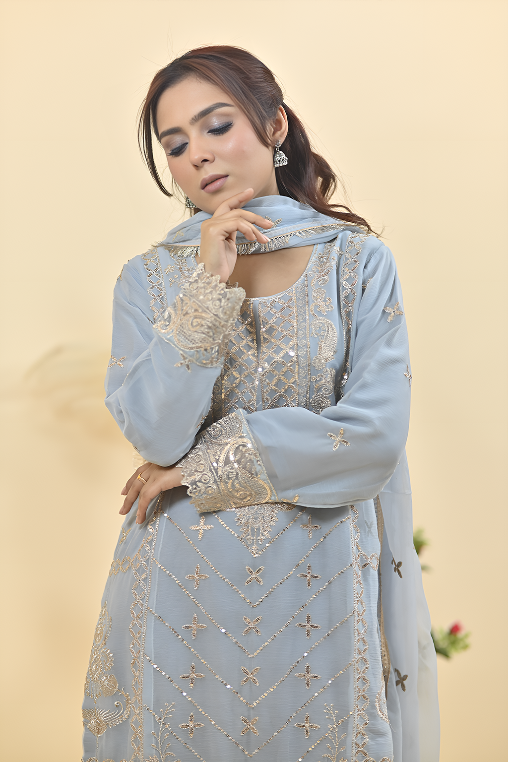 Pale Powder Blue Luxury Embroidered Occasion Edit3PC Kurta Set