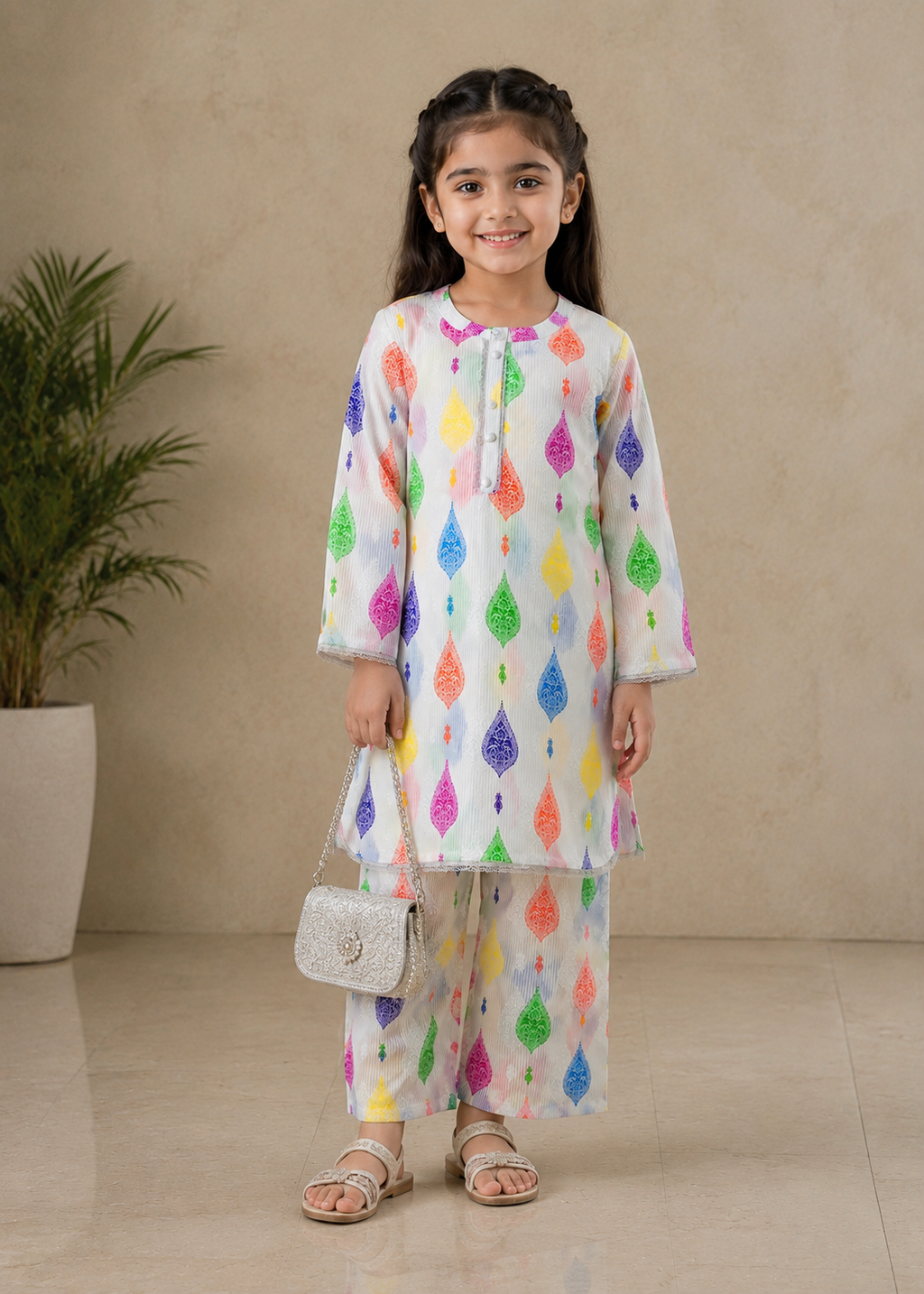 Kids White Multi-Color Printed Slub Lawn Cotton Set