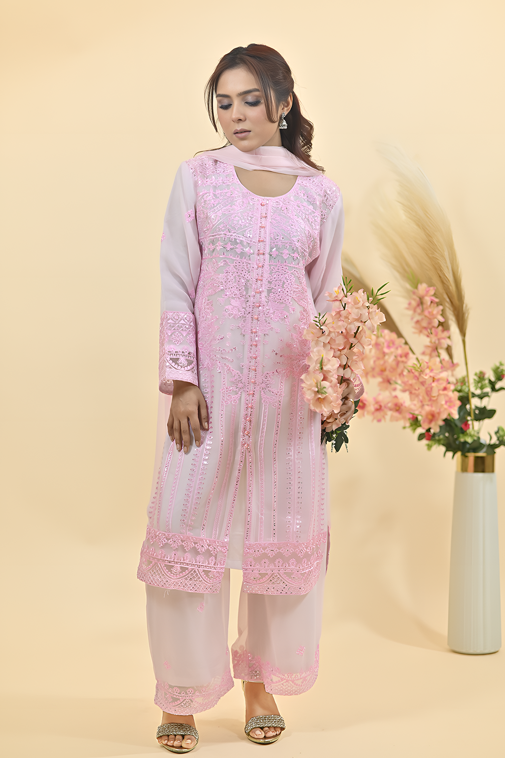 Soft Baby Pink Luxury Embroidered Occasion Edit 3PC Kurta Set