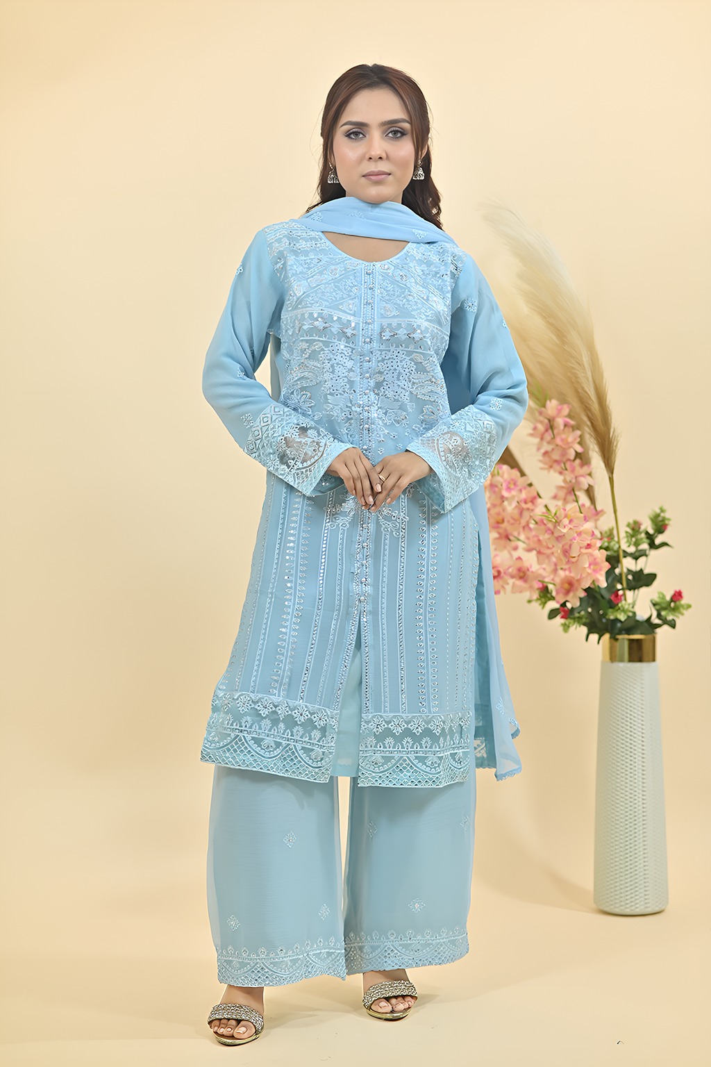 Sky Blue Luxury Embroidered Occasion Edit  3PC Kurta Set