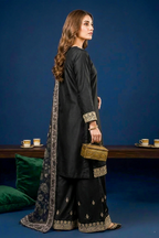 Jet Black Silk Embroidered Front and Printed Net Dupata and Silk Embroidered Trousers