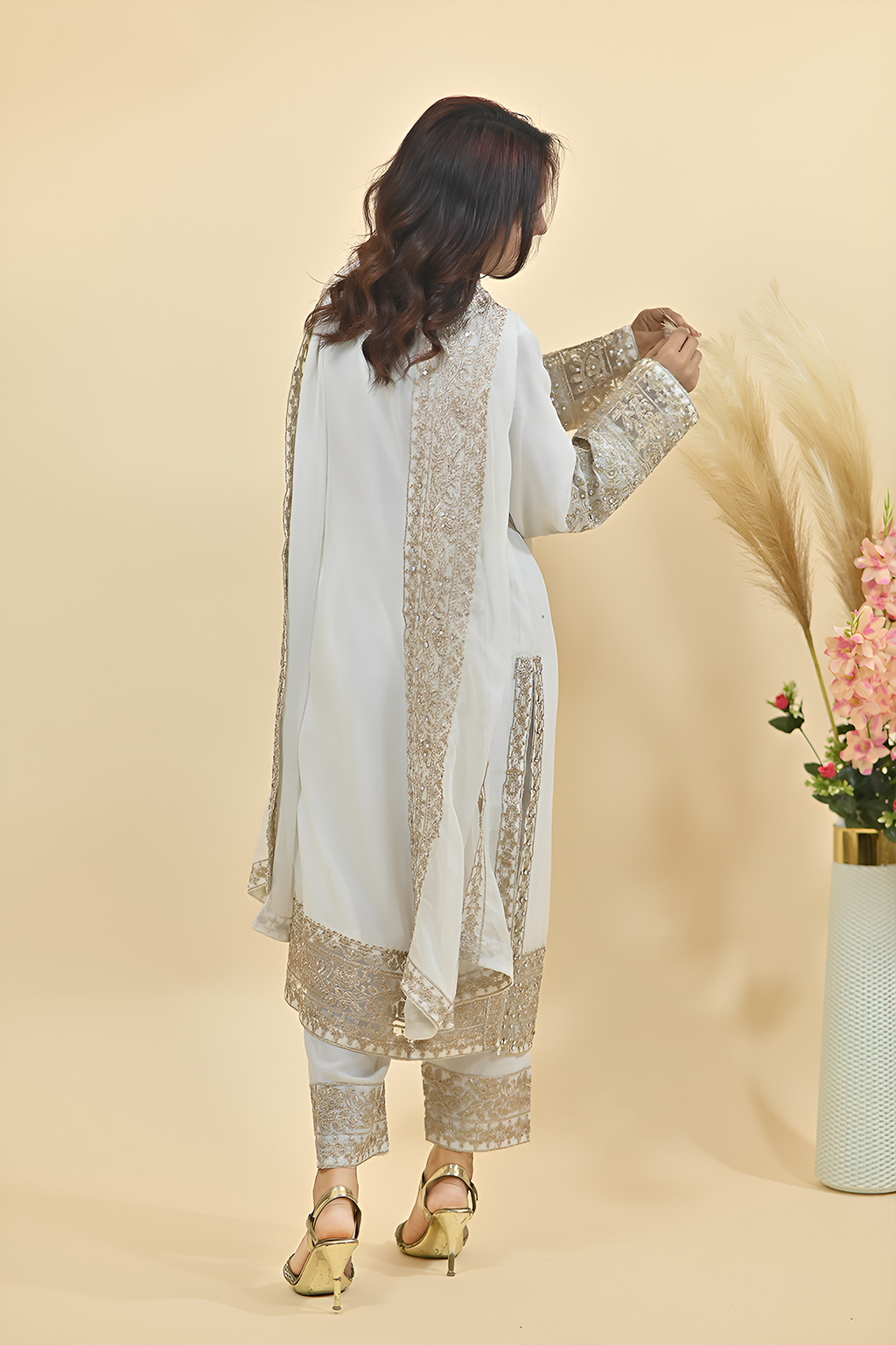 Off White Luxury Embroidered Occasion Edit 3PC Kurta Set