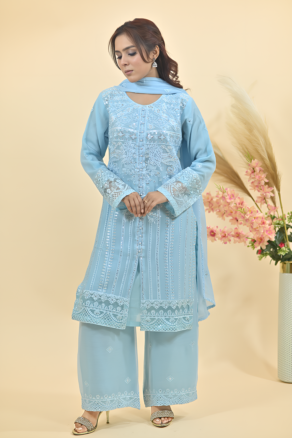 Sky Blue Luxury Embroidered Occasion Edit  3PC Kurta Set