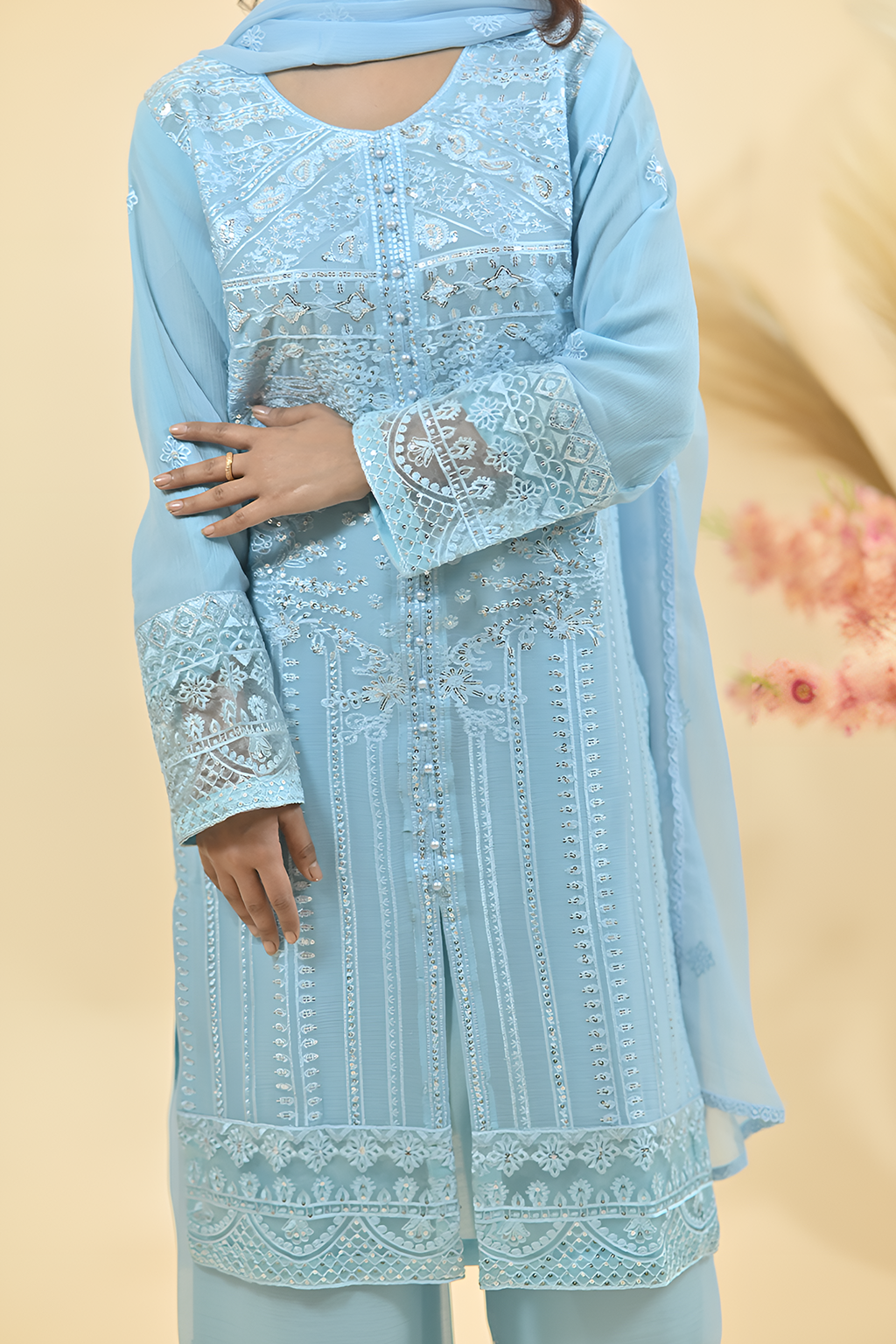 Sky Blue Luxury Embroidered Occasion Edit  3PC Kurta Set