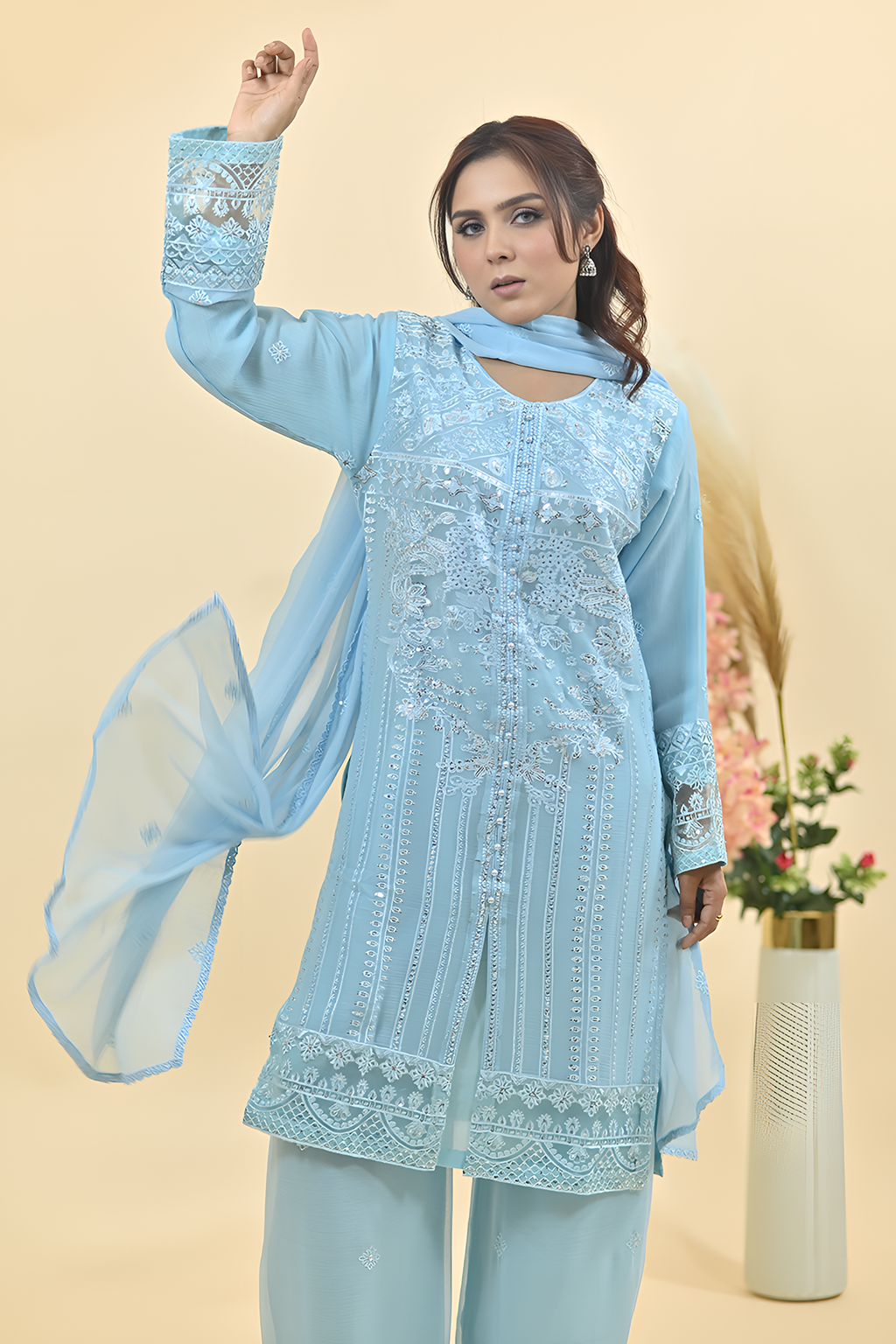 Sky Blue Luxury Embroidered Occasion Edit  3PC Kurta Set