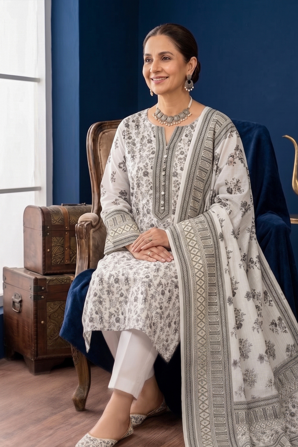 White & Grey Printed Lawn 3PC Suit – Mother Collection
