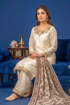 Ivory/Cream Silk Embroidered Front and Printed Net Dupata and Silk Embroidered Trousers