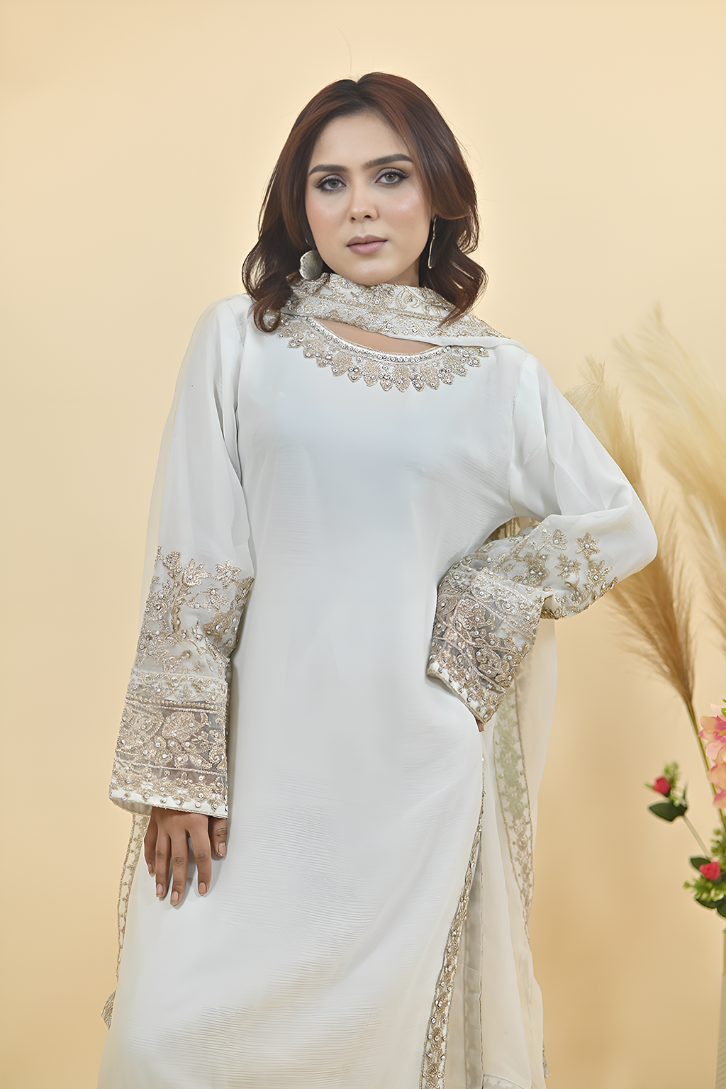 Off White Luxury Embroidered Occasion Edit 3PC Kurta Set