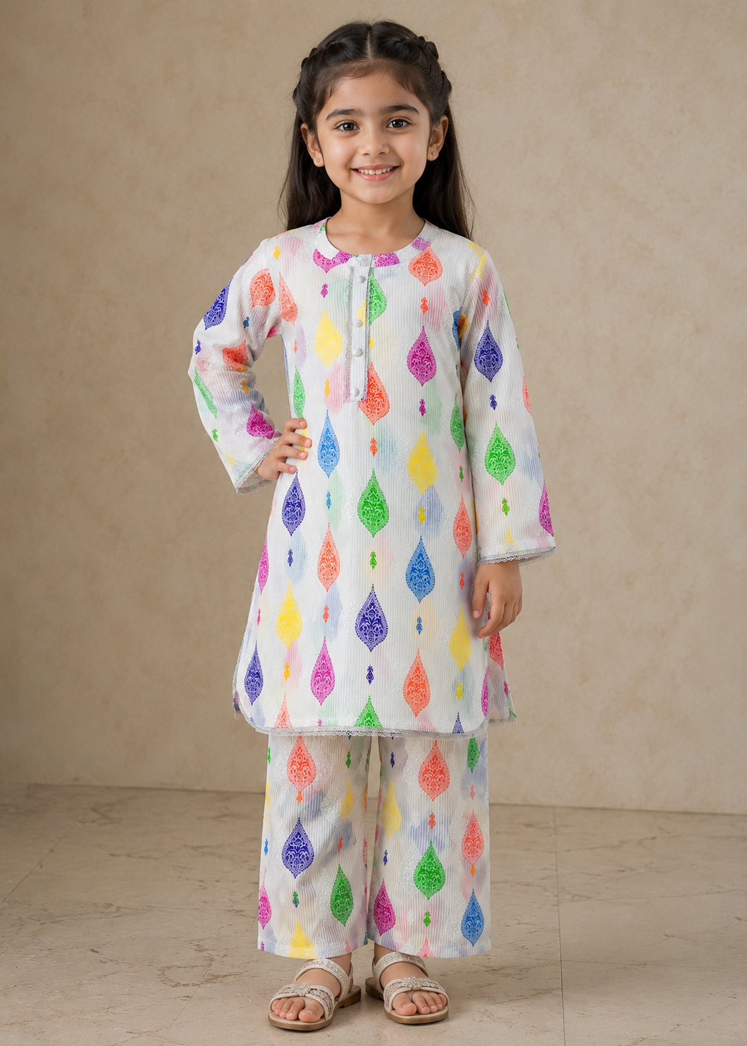 Kids White Multi-Color Printed Slub Lawn Cotton Set