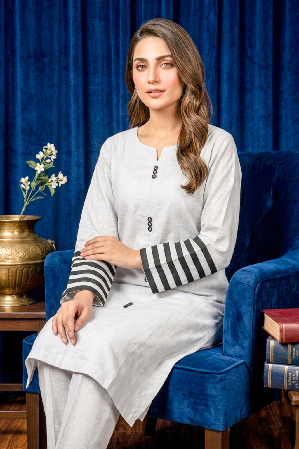 Light Silver Grey – White Premium Stitched Lawn 2PC Kurta Set