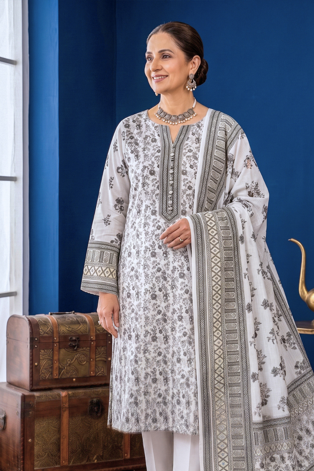 White & Grey Printed Lawn 3PC Suit – Mother Collection