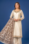 Ivory/Cream Silk Embroidered Front and Printed Net Dupata and Silk Embroidered Trousers