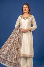 Ivory/Cream Silk Embroidered Front and Printed Net Dupata and Silk Embroidered Trousers