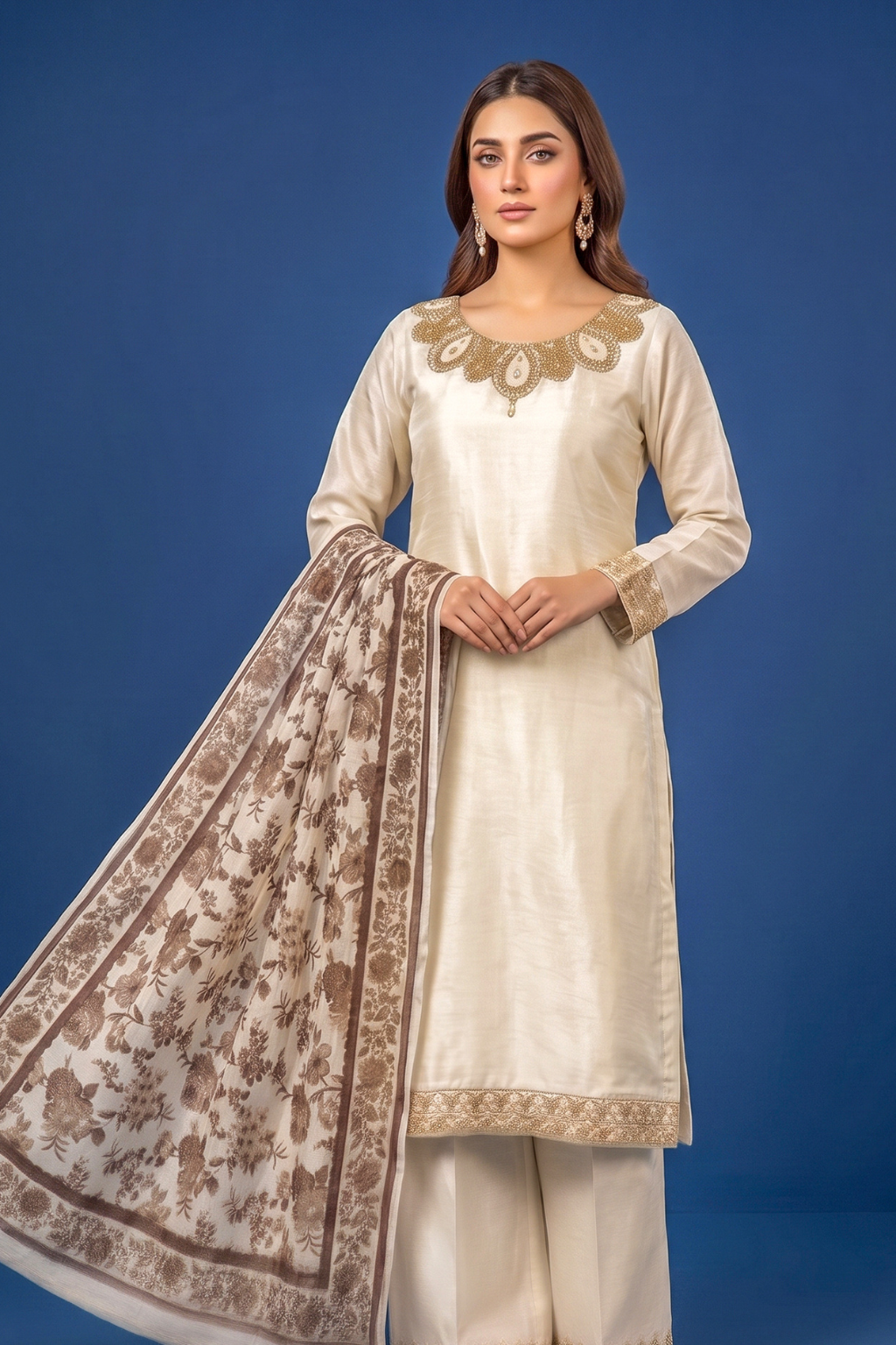 Ivory/Cream Silk Embroidered Front and Printed Net Dupata and Silk Embroidered Trousers