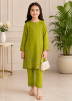 Charming Lime Green Embroidered Kurta Set with Trousers for Girls
