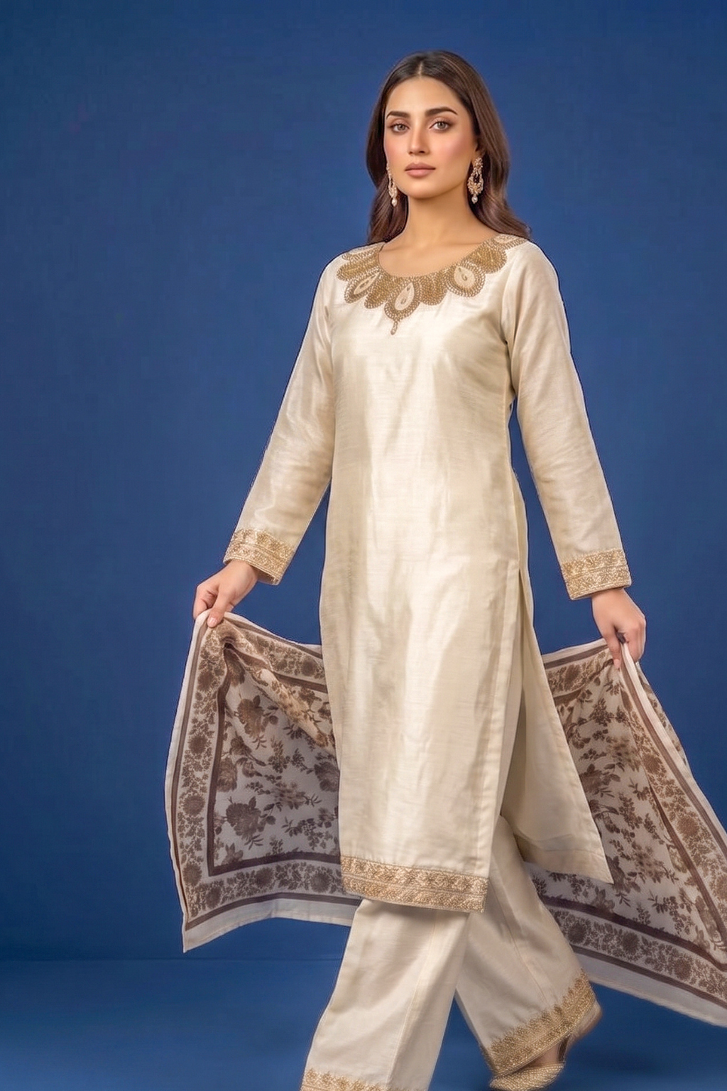 Ivory/Cream Silk Embroidered Front and Printed Net Dupata and Silk Embroidered Trousers