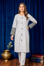 Light Silver Grey – White Premium Stitched Lawn 2PC Kurta Set