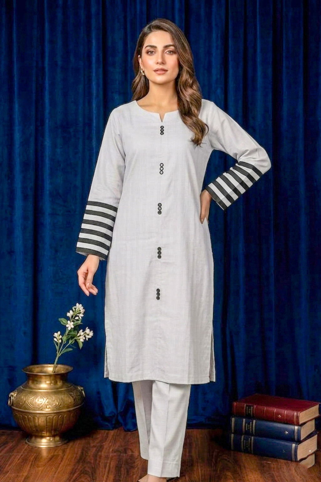 Light Silver Grey – White Premium Stitched Lawn 2PC Kurta Set