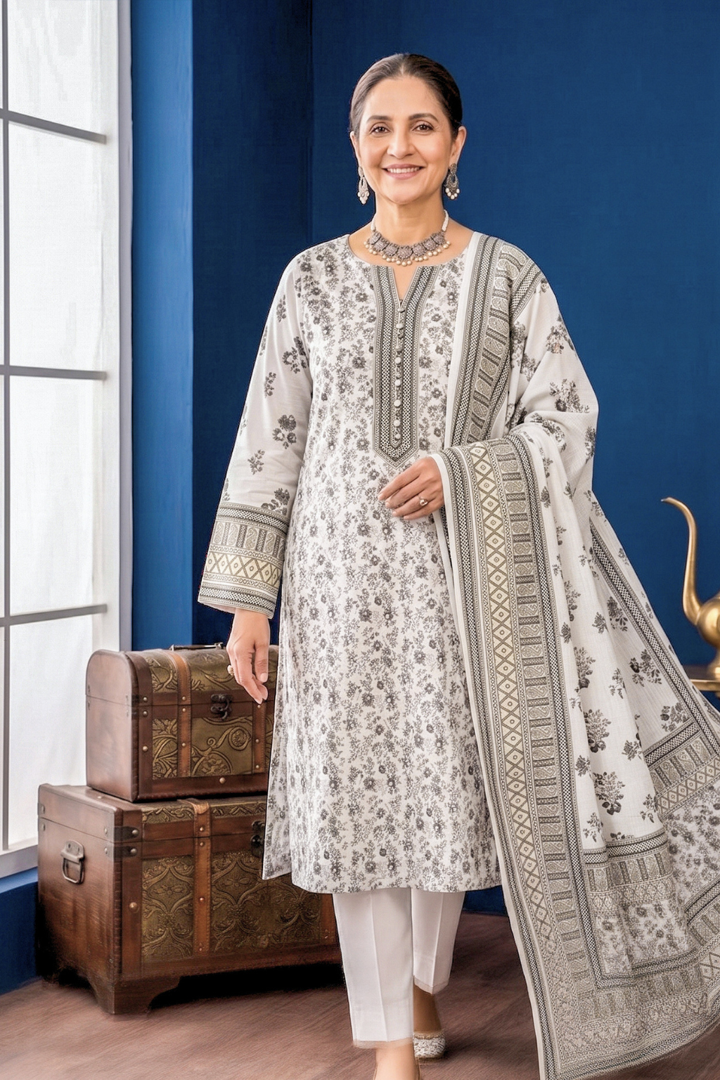 White & Grey Printed Lawn 3PC Suit – Mother Collection
