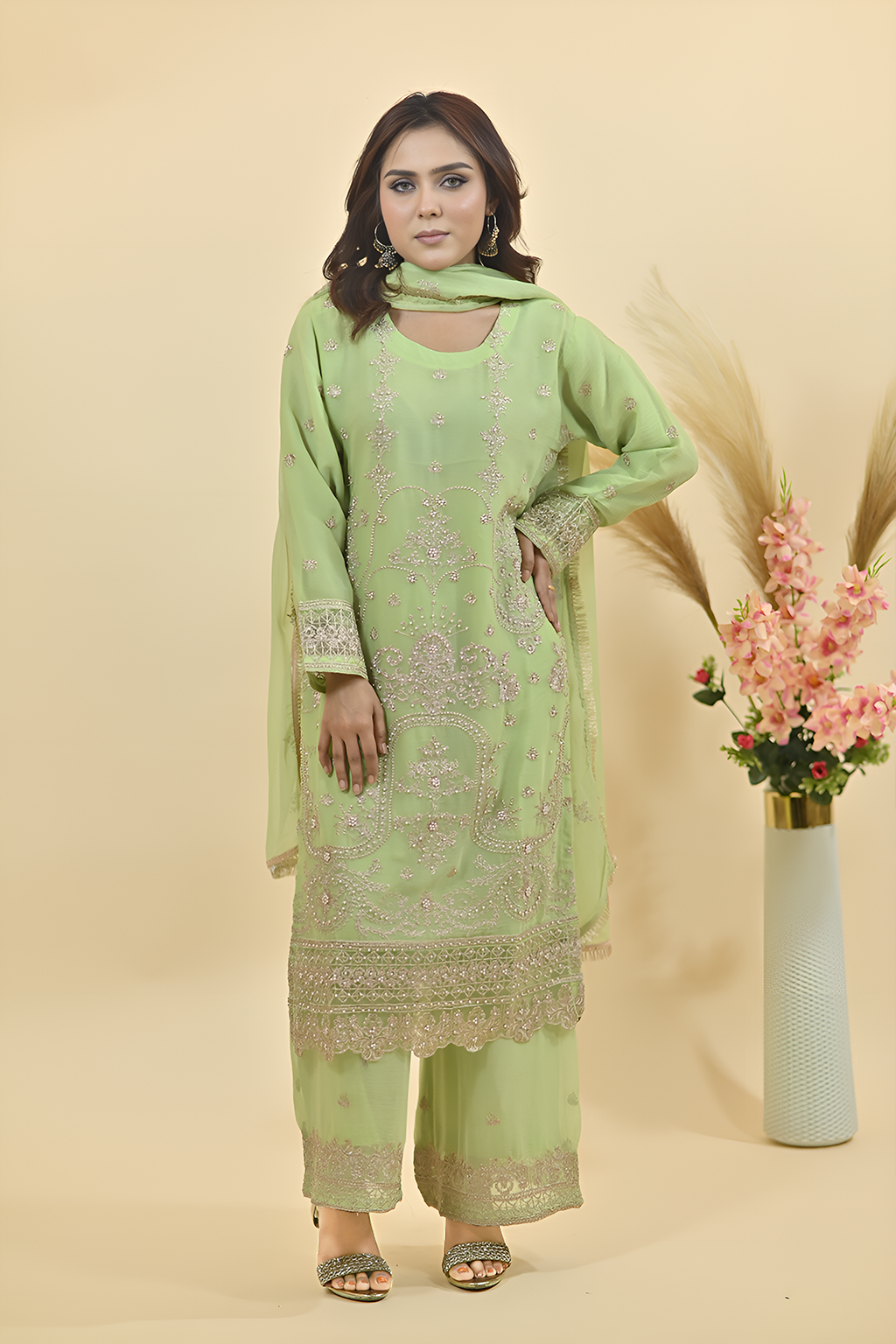 Pale Mint Green Luxury Embroidered Occasion Edit 3PC Kurta Set