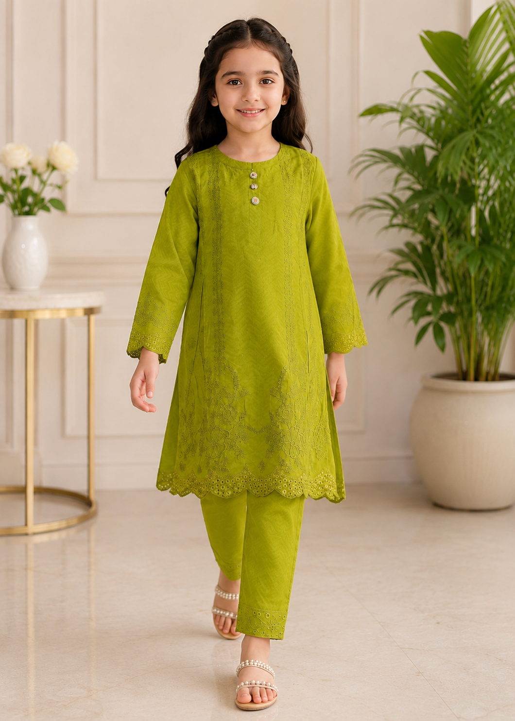 Charming Lime Green Embroidered Kurta Set with Trousers for Girls