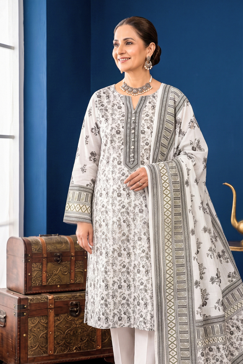 White & Grey Printed Lawn 3PC Suit – Mother Collection