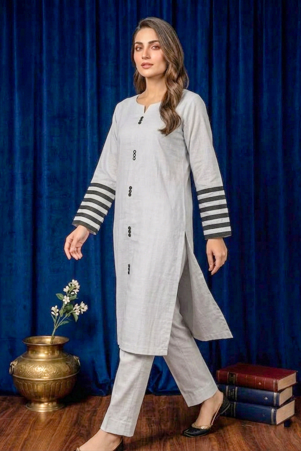 Light Silver Grey – White Premium Stitched Lawn 2PC Kurta Set