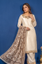 Ivory/Cream Silk Embroidered Front and Printed Net Dupata and Silk Embroidered Trousers