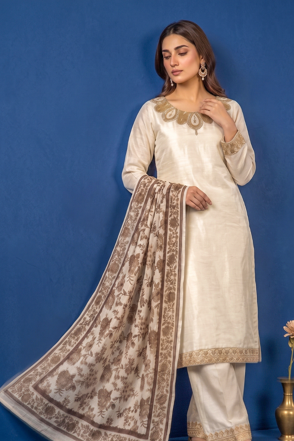 Ivory/Cream Silk Embroidered Front and Printed Net Dupata and Silk Embroidered Trousers
