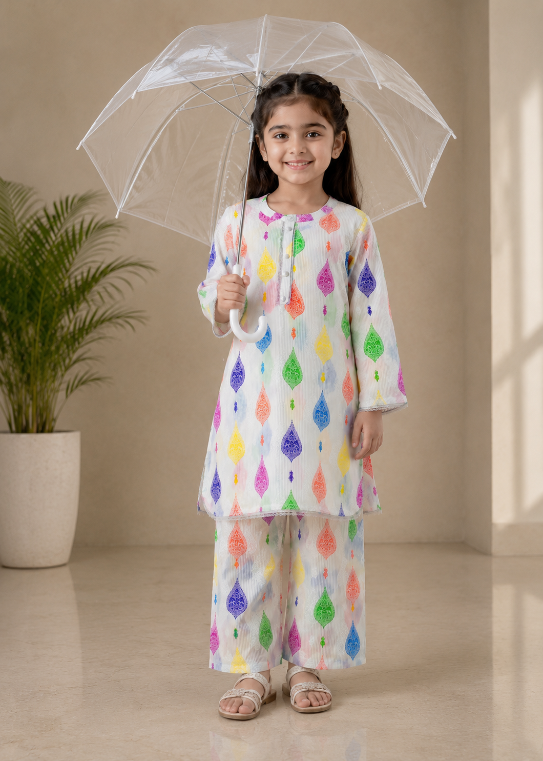 Kids White Multi-Color Printed Slub Lawn Cotton Set
