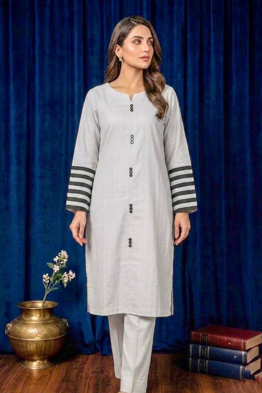 Light Silver Grey – White Premium Stitched Lawn 2PC Kurta Set
