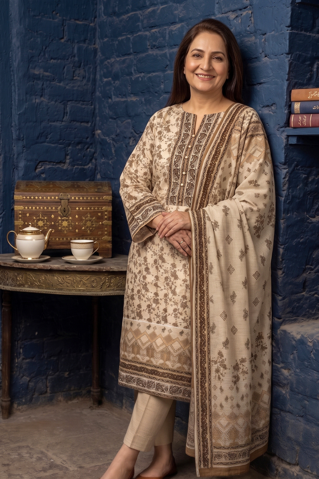 Warm Sandy Beige Printed Lawn 3PC Suit – Mother Collection
