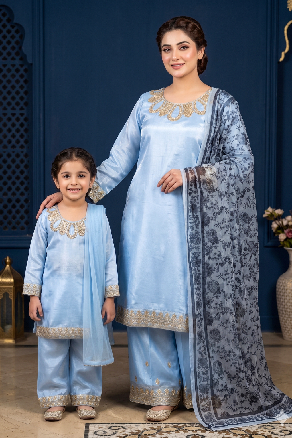 Azure Harmony – Mommy & Me Luxury Silk 3PC Matching Set