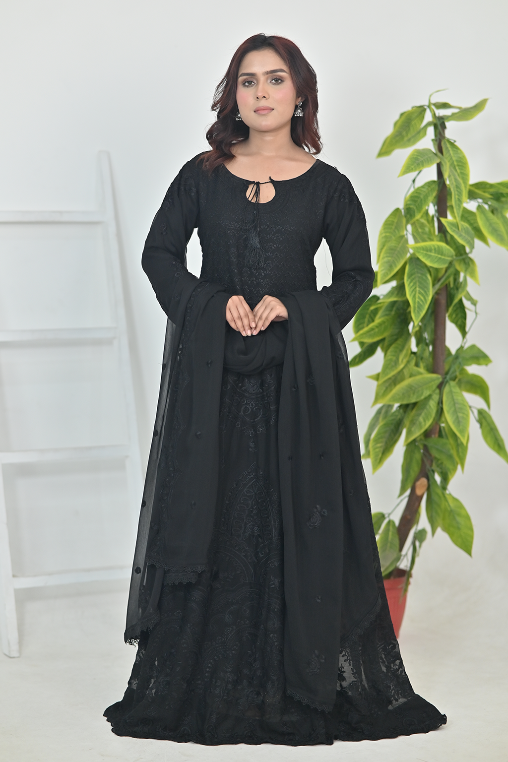 Pure Matte Black Luxury Embroidered Formal Maxi Dress with Embroidered Dupatta & Trouser