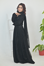 Pure Matte Black Luxury Embroidered Formal Maxi Dress with Embroidered Dupatta & Trouser