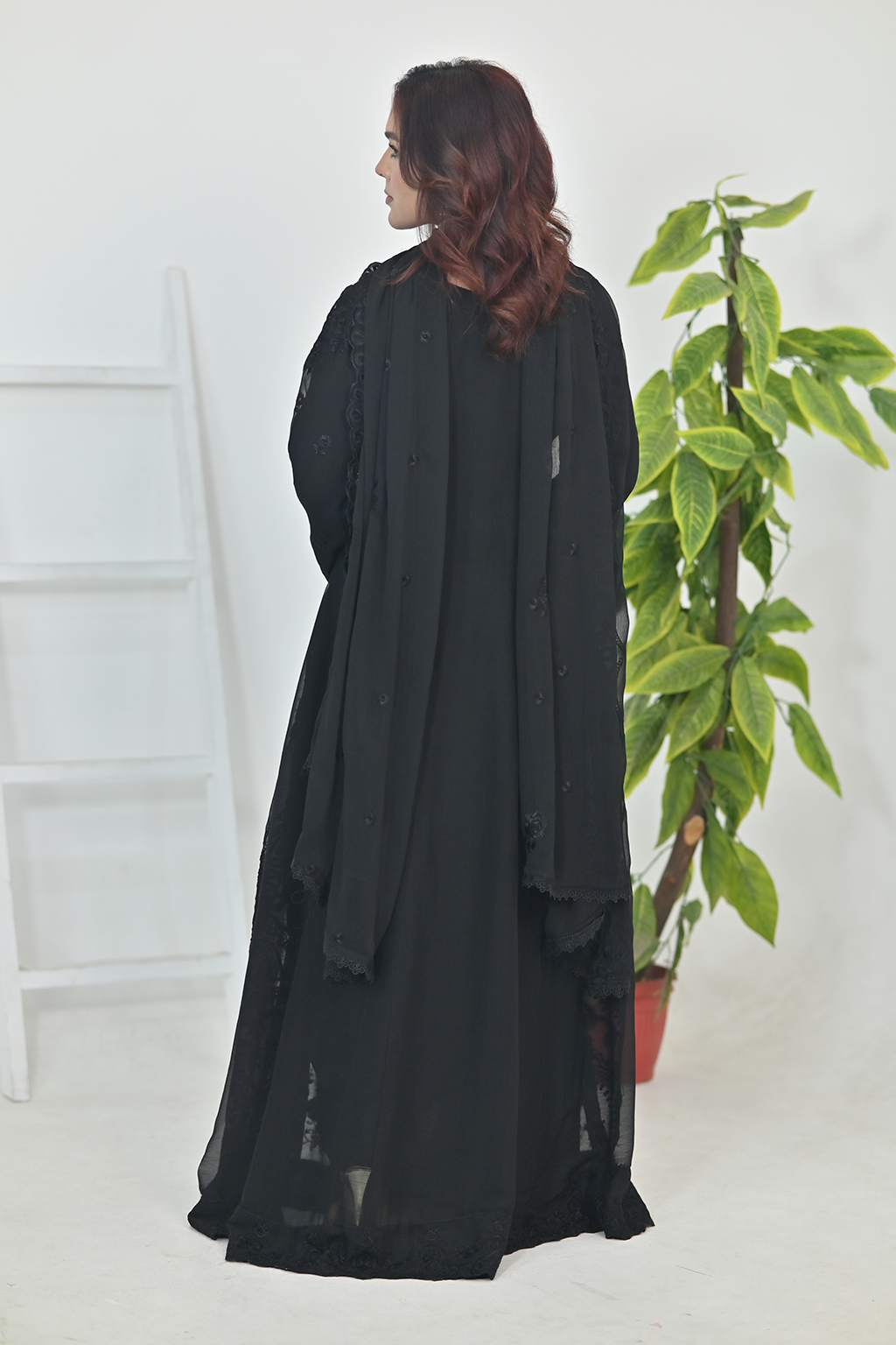 Pure Matte Black Luxury Embroidered Formal Maxi Dress with Embroidered Dupatta & Trouser