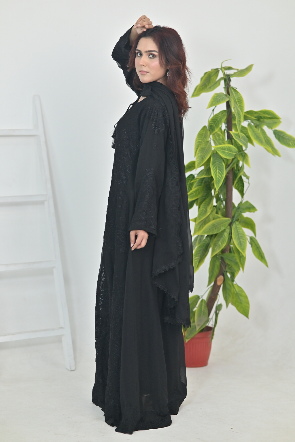 Pure Matte Black Luxury Embroidered Formal Maxi Dress with Embroidered Dupatta & Trouser