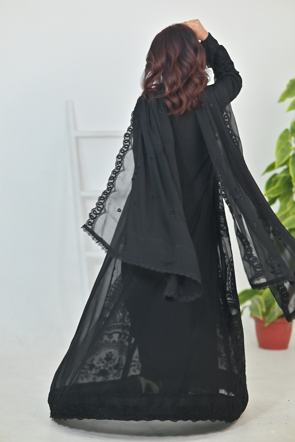 Pure Matte Black Luxury Embroidered Formal Maxi Dress with Embroidered Dupatta & Trouser
