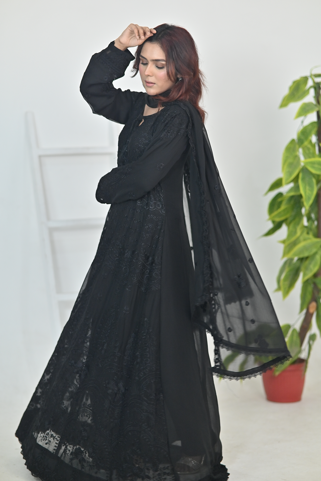 Pure Matte Black Luxury Embroidered Formal Maxi Dress with Embroidered Dupatta & Trouser