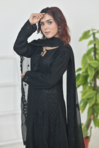 Pure Matte Black Luxury Embroidered Formal Maxi Dress with Embroidered Dupatta & Trouser