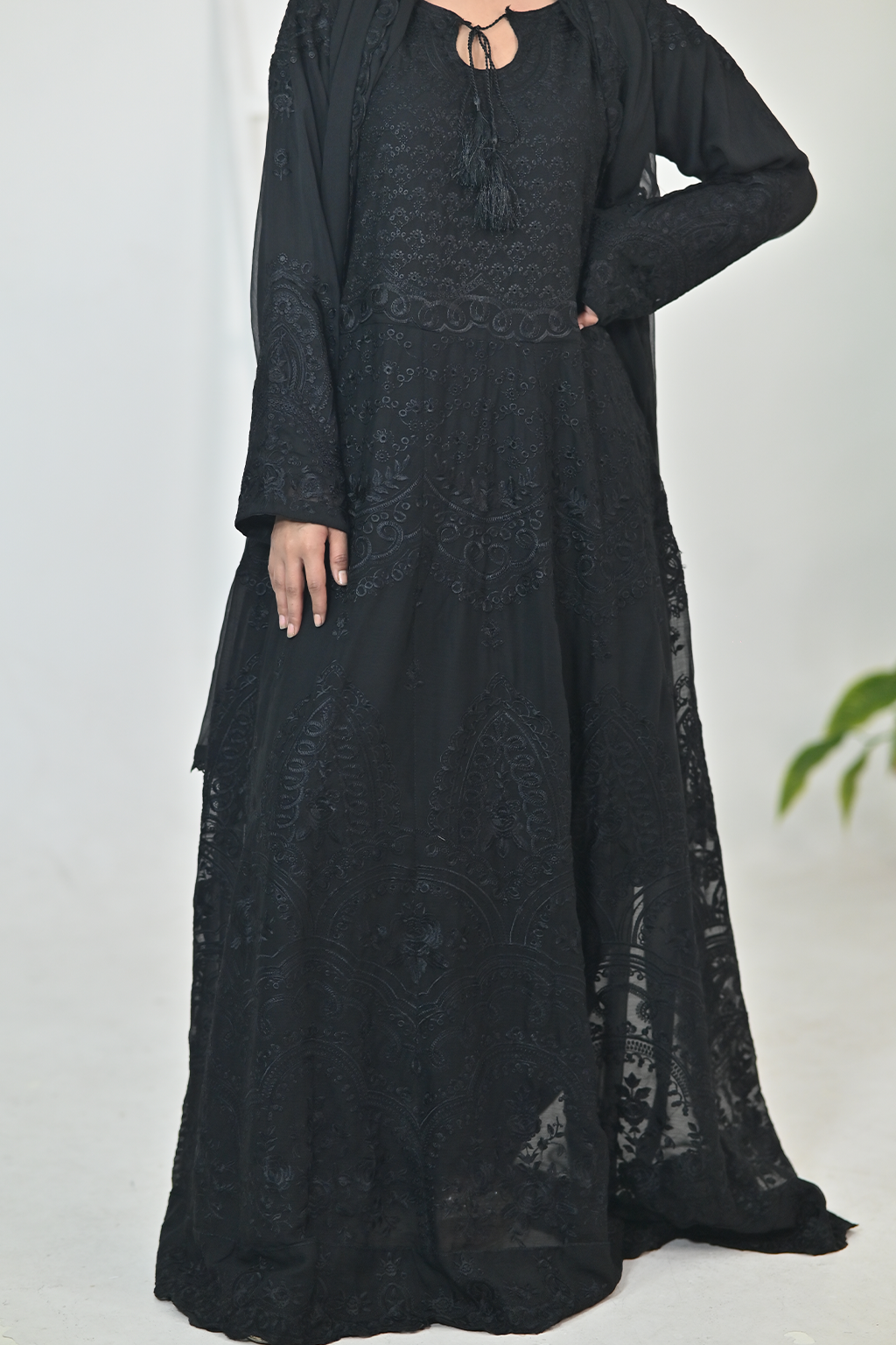 Pure Matte Black Luxury Embroidered Formal Maxi Dress with Embroidered Dupatta & Trouser